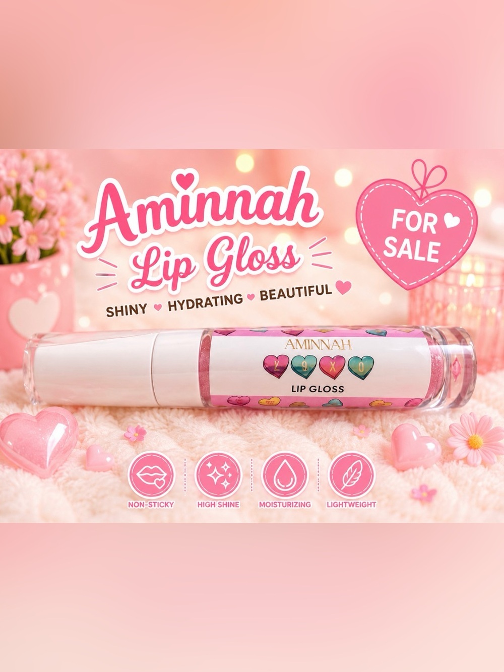 🆕 Aminnah  XOXO Lip Gloss — Sheer Sparkle in Soft Pink
